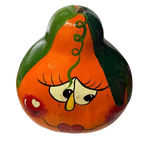 Silly Girl Face Hand Painted Gourd Fall Halloween 9.75" x 9" - Picture 9 of 12